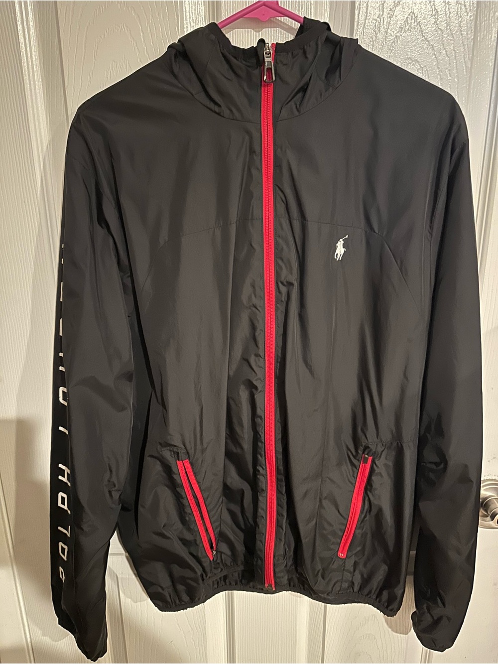 Ralph Lauren Black Hooded Lightweight Jacket with Red Trim